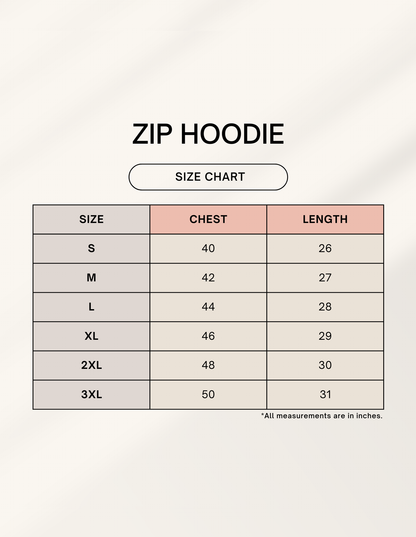 Zip hoodie size chart showing chest and length measurements in inches from S to 3XL