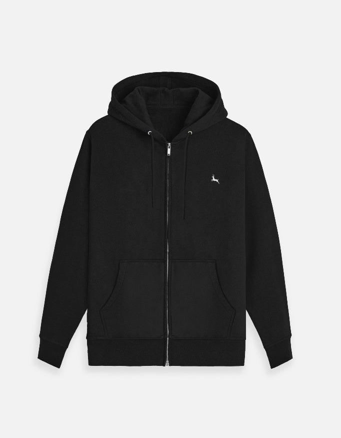 Black zip-up hoodie with front pockets, drawstring hood, and small white deer logo on chest